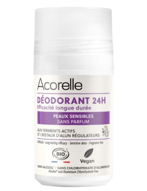 Déodorant roll-On 24h peaux sensibles sans parfum 50ml Acorelle deodorant bio Abcbeauté cristaux d'alun
