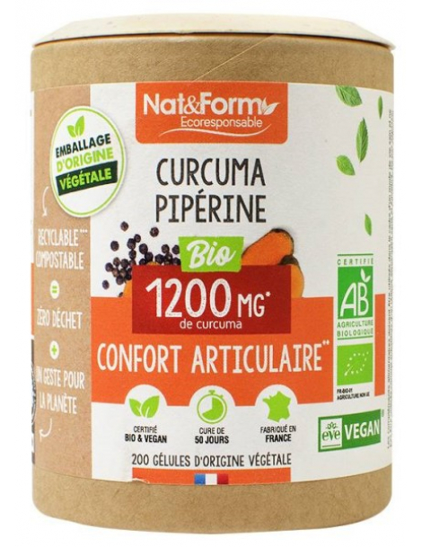 Curcuma Pipérine Bio 200 gélules Nat et Form curcumine pipérine Abcbeauté