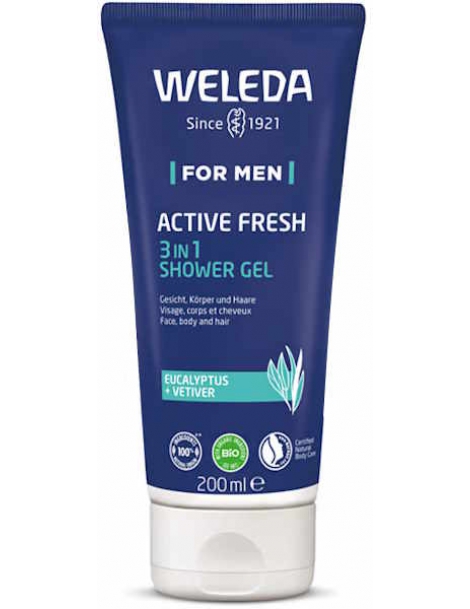 gel douche 3 en 1 Active Fresh 200ml pour homme énergisant Weleda base lavante végétale Abcbeauté