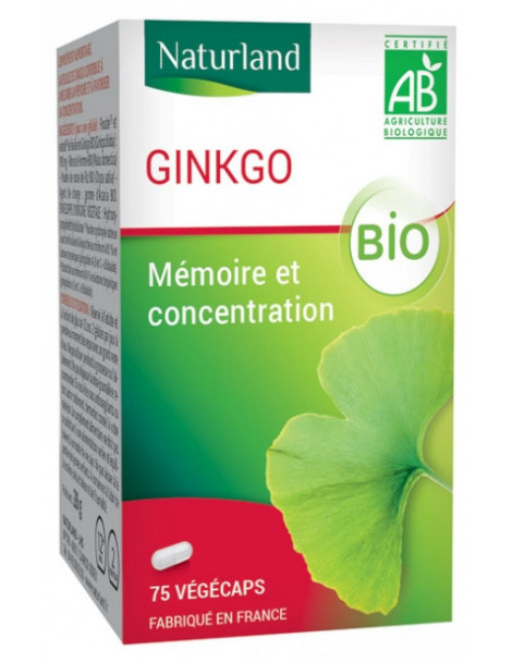 Ginkgo Biloba bio 75 Gélules Végécaps Naturland mémoire et concentration Abcbeauté