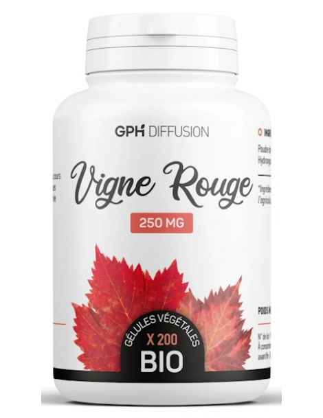 Vigne Rouge Bio 250 mg 200 gélules végétales GPH Diffusion anthocyanes jambes légères Abcbeauté