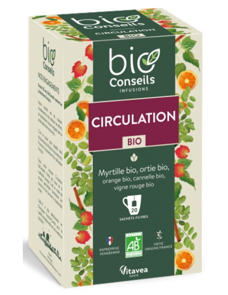 Infusion Circulation Bio 20 sachets Bio Conseils vigne rouge myrtille Jambes lourdes Abcbeauté