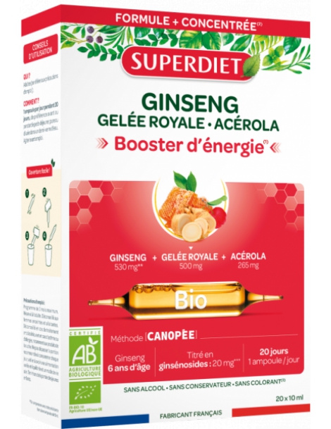 Super Diet Ginseng Gelee Royale Acerola bio 20 ampoules tonus vitalité Abcbeauté