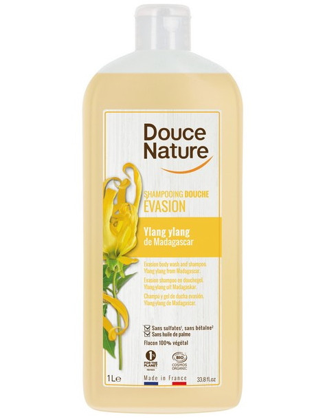 Shampoing Douche Evasion Ylang Ylang de Madagascar 1L Douce nature plaisir des sens et de la peau Abcbeauté