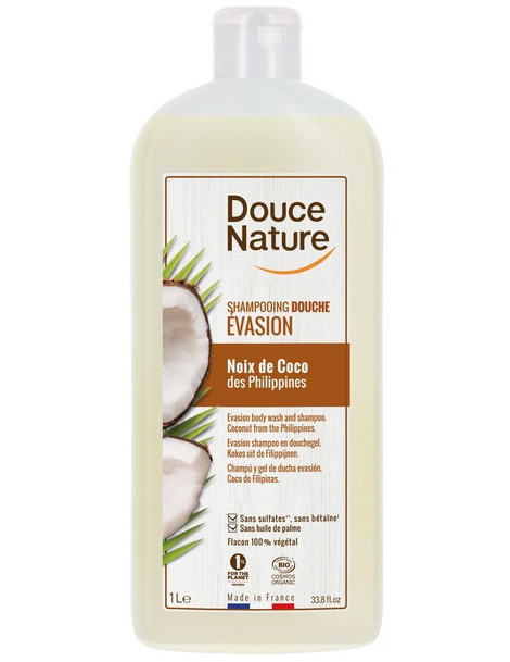 Shampoing douche évasion Noix de Coco des Philippines 1L Douce Nature senteurs de coco huile de coco Abcbeauté