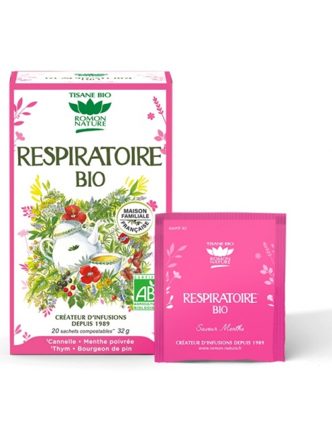 Tisane Respiratoire bio 20 sachets 32gr Romon Nature plantes balsamiques Abcbeauté