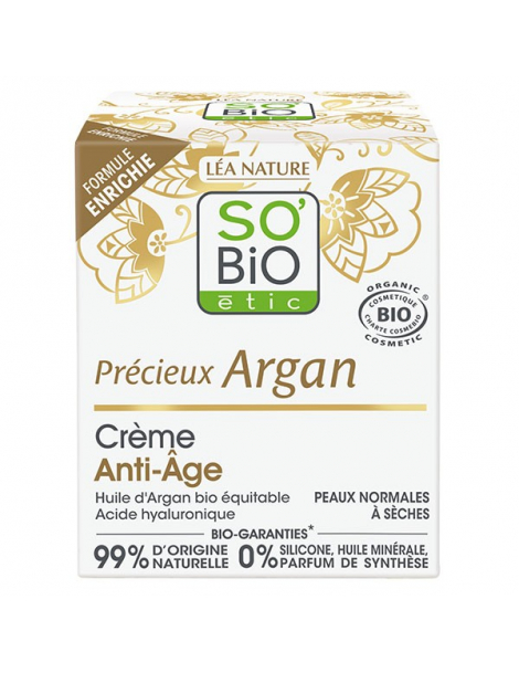 Crème de Jour anti âge Précieux Argan Acide Hyaluronique 50ml So Bio étic anti rides 30 40 ans hydratante Abcbeauté