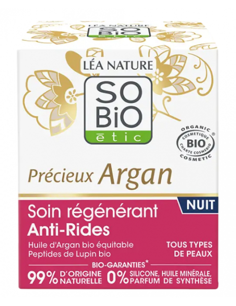 Soin régénérant Anti Rides nuit Précieux Argan 50 ml So Bio Etic protection cellulaire Abcbeauté crème de nuit