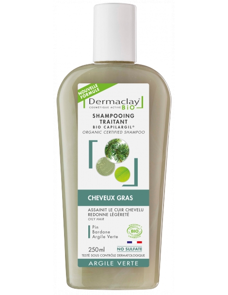 Shampoing Cheveux gras Pin Bardane Argile verte 250 ml Dermaclay huiles essentielles purifiantes rhassoul Abcbeauté