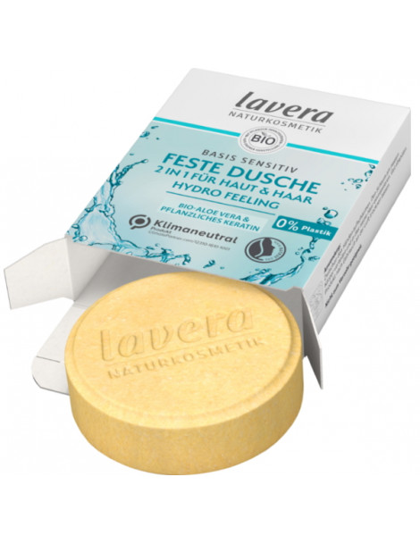 Gel douche solide Corps et Cheveux 2 en 1 Basis Sensitiv 50 ml Lavera karité cacao aloe vera Abcbeauté