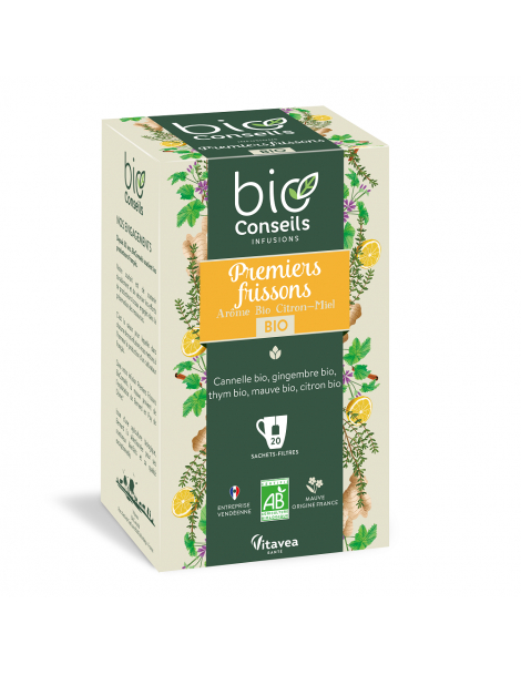 Infusion Premiers Frissons 20 sachets filtre Bio Conseils tisane hiver et refroidissements Abcbeauté