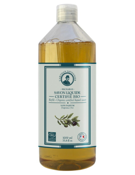Savon liquide certifié Bio sans parfum recharge 1 Litre L'Artisan Savonnier base lavante végétale et douce Abcbeauté
