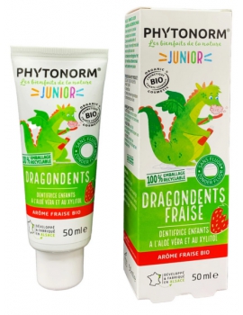 Dentifrice Dragondents Fraise sans fluor 50ml Phytonorm sans fluor retire plaque dentaire diminue les caries Abcbeauté