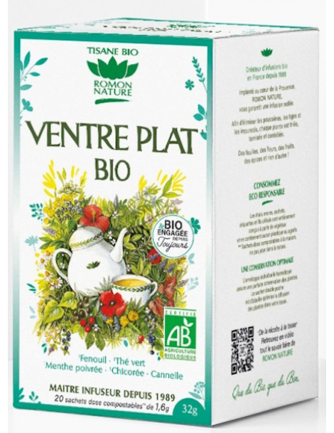 Tisane Ventre plat bio 20 sachets Romon Nature active le métabolisme régule la digestion Abcbeauté