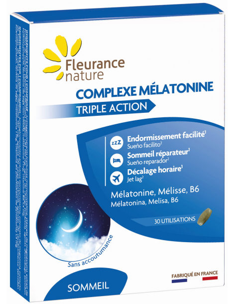Complexe mélatonine 30 comprimés Fleurance Nature mélatonine mélisse b6 Abcbeauté