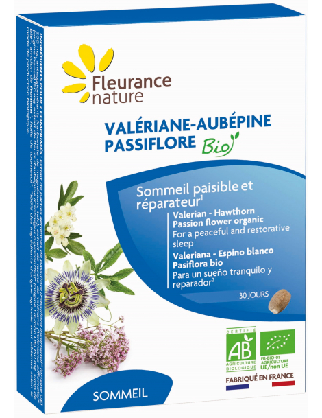 Valériane Aubépine Passiflore Bio 60 comprimés Fleurance sommeil réparateur Abcbeauté herboristerie