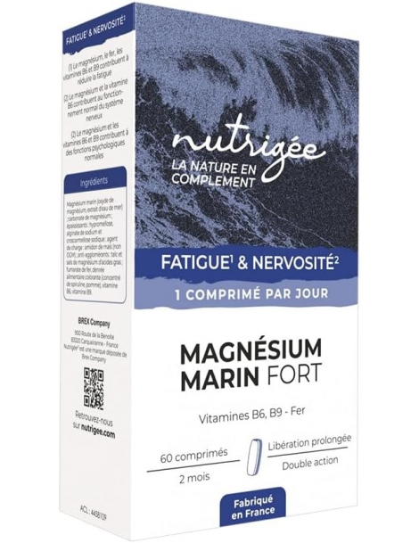 Magnésium Marin Fort 60 comprimés bi couche Nutrigee magnésium b6 b9 fer Abcbeauté équilibre nerveux