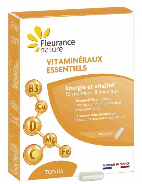 Vitaminéraux essentiels 30 gélules Fleurance Nature vitamines minéraux oligo-éléments essentiels Abcbeauté