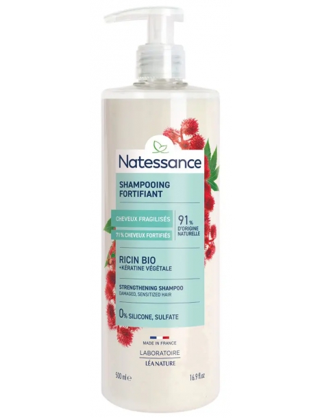Shampooing fortifiant Ricin bio 500 ml Natessance huile de ricin et kératine végétale régénérante Abcbeauté