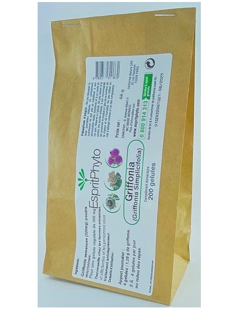 Griffonia simplicifolia 320mg 200 gélules modèle Recharge Espritphyto maintien de l'activité cérébrale Abcbeauté 5 HTP