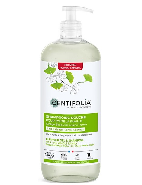 Shampoing Douche pour toute la famille 1 Litre Centifolia aloe vera ginkgo protéines de pois Abcbeauté