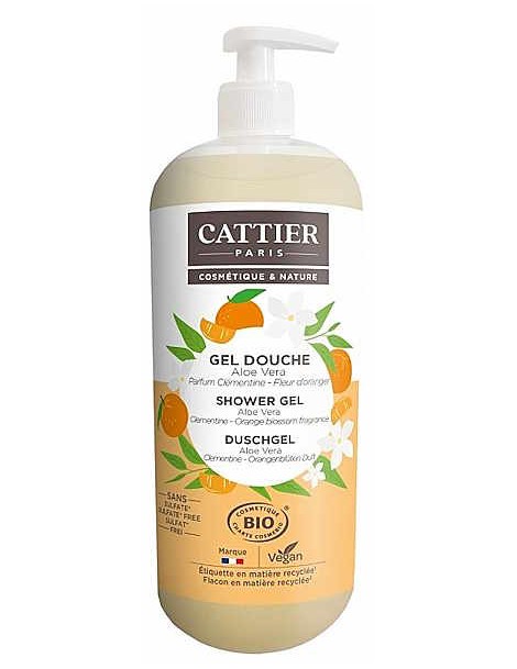 Gel douche sans sulfate parfum Clémentine Fleur d'oranger 1 Litre Cattier gel douche bio base lavante végétale Abcbeauté