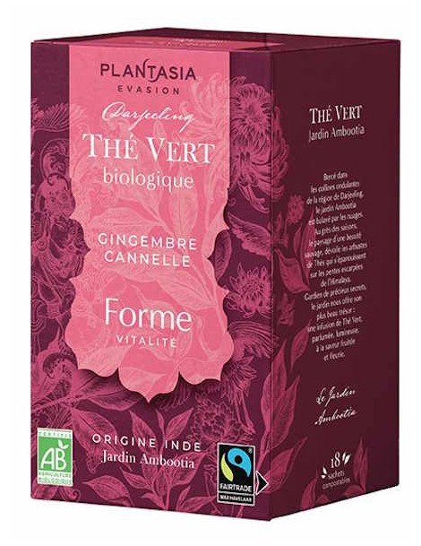 Thé vert Forme Gingembre Cannelle 18 sachets Plantasia thé vert bio ambootia darjeeling Abcbeauté herboristerie