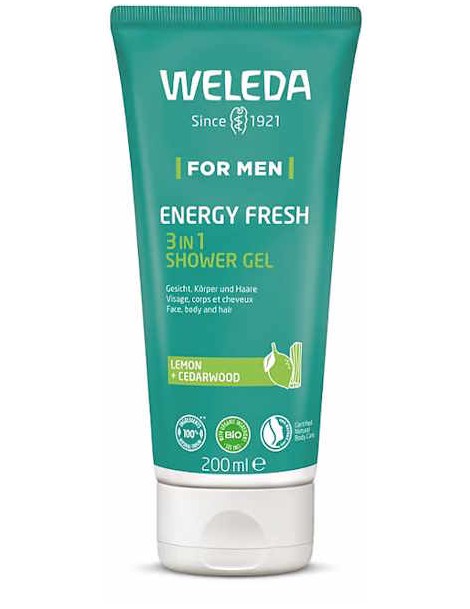 Gel Douche Men 3 en 1 Energy Fresh pour Homme 200ml Weleda citron bois de cèdre Abcbeauté douche bio