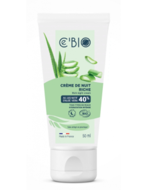 Crème de nuit intense bio Aloé vera 50 ml Cé'Bio 40% de jus d'aloe vera karité jojoba Abcbeauté