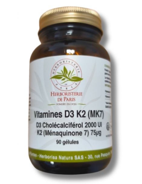 Vitamine D3 2000UI Vitamine K2 90 gélules Herboristerie de Paris Cholécalciférol Ménaquinone 7 Abcbeauté