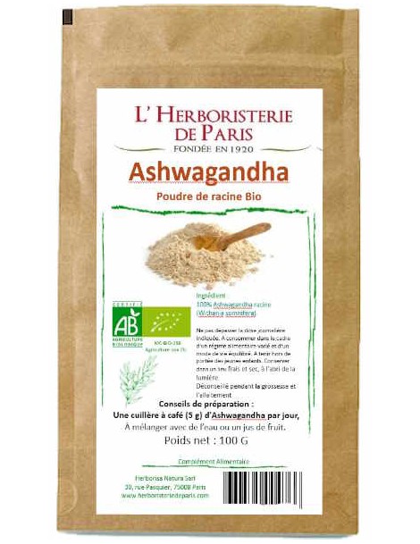 Ashwagandha bio poudre de racine 100gr Herboristerie de Paris racine de withania somnifera adaptogène Abcbeauté